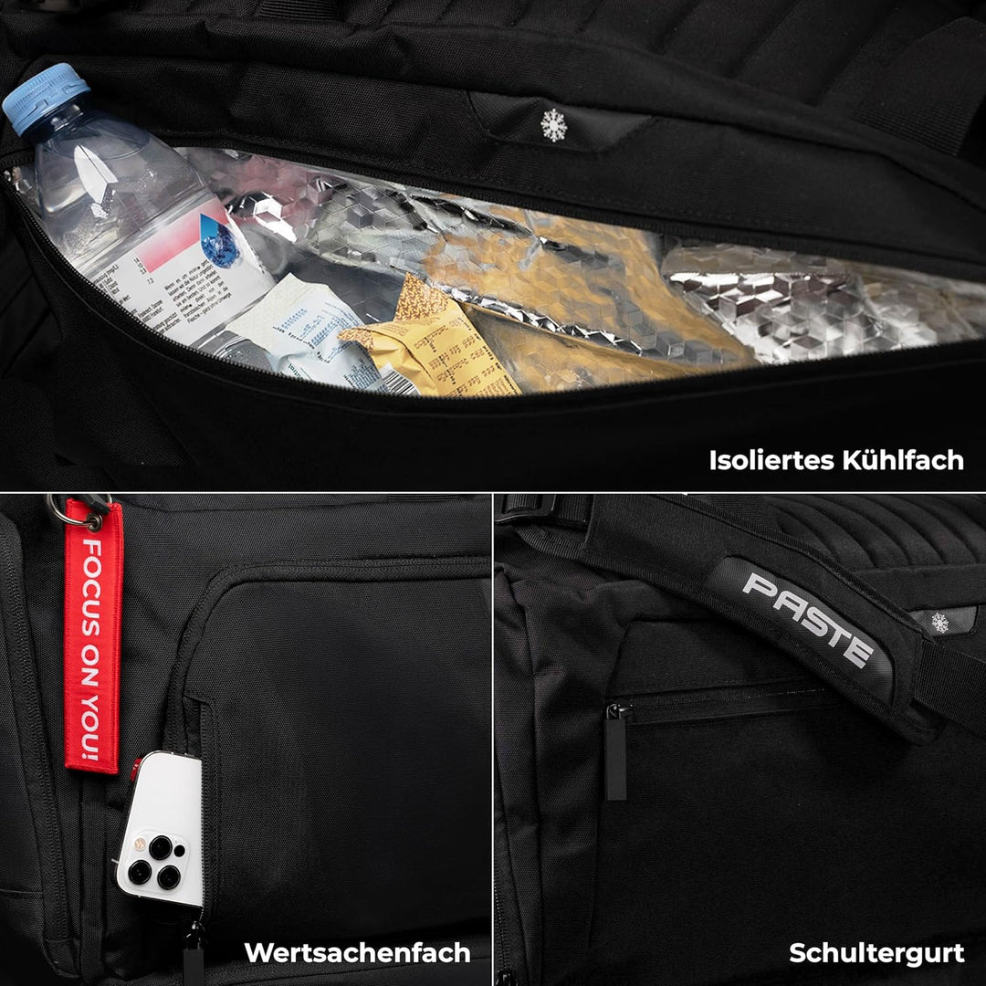 PASTE® - Premium Sporttasche 63L mit Rucksackfunktion und Kühlfunktion, Schuhfach & Nassfach Schwarz