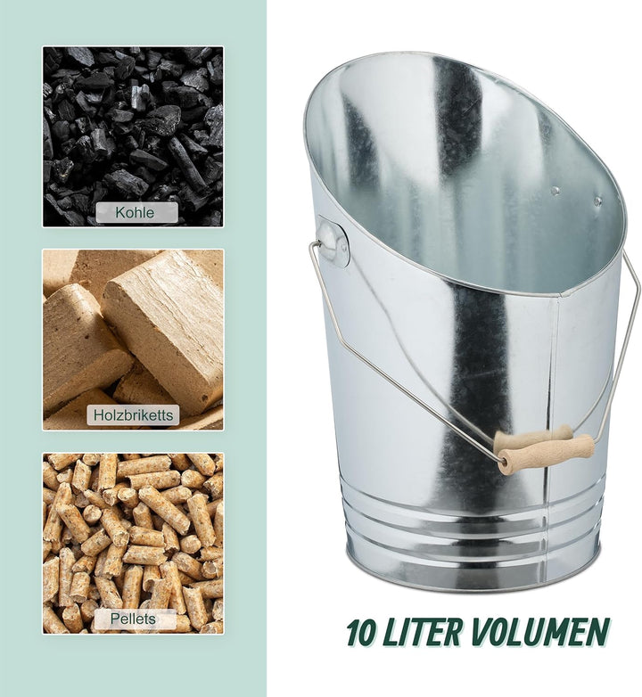 Relaxdays Kohleneimer, Schaufel, 10 Liter, Kohle, Pellets, Briketts, Kaminzubehör, Ascheeimer mit He