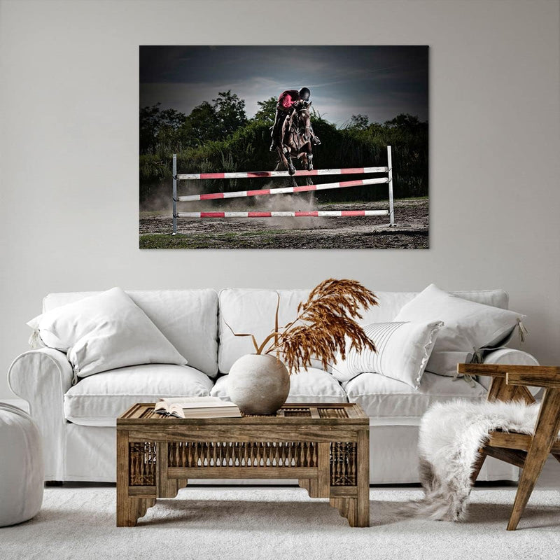 Bilder auf Leinwand 100x70cm Leinwandbild Pferd Sport Hindernisse Himmel Gross Wanddeko Bild Schlafz