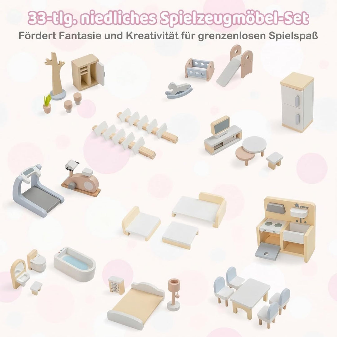 COSTWAY Puppenhaus Holz, Kinder Dollhouse mit 33 Möbelstücken, Puppenstube mit Balkon & Pool, Puppen