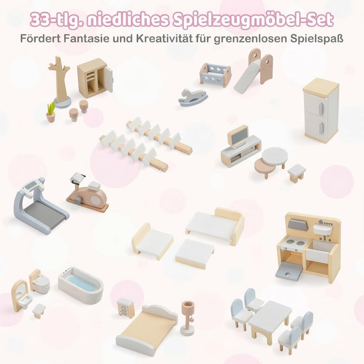 COSTWAY Puppenhaus Holz, Kinder Dollhouse mit 33 Möbelstücken, Puppenstube mit Balkon & Pool, Puppen