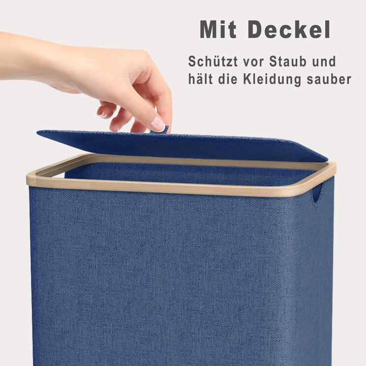 Schmaler Wäschekorb mit Deckel 100L, Bambusdeckel &amp; herausnehmbarer Wäschesack, hoher Wäschesammler