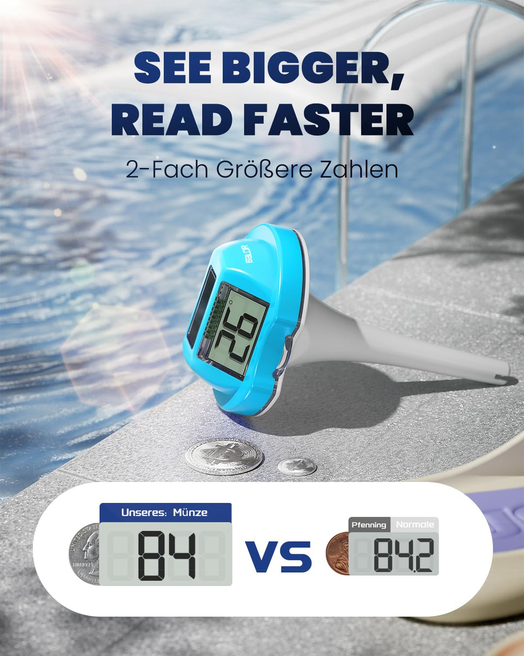 BALDR Solar Schwimmendes für Pool mit zwei grossen Displays | IPX7 wasserdichter digitaler Temperatu