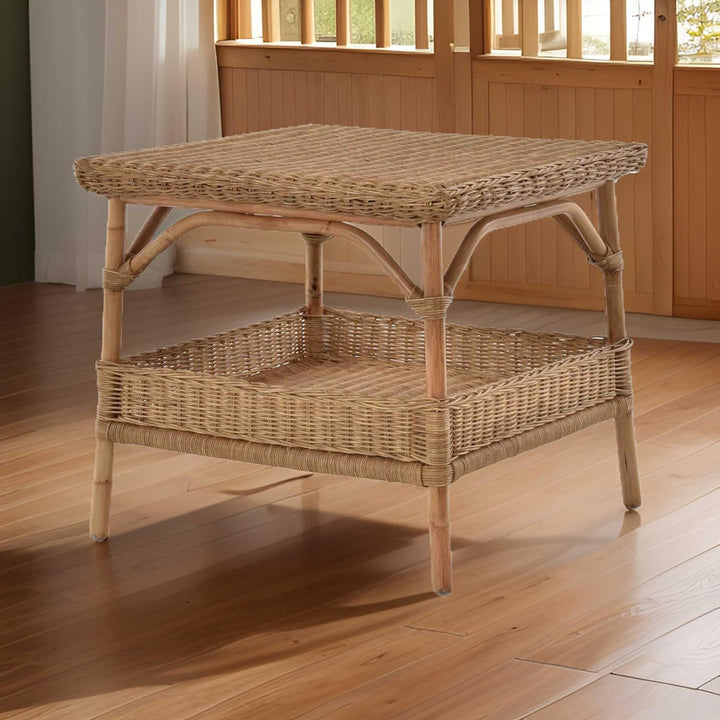 Krines Home Rattan-Tisch Beistelltisch Quadratisch Couchtisch Rattan Wohnzimmer Tisch Ablage 59x59 (