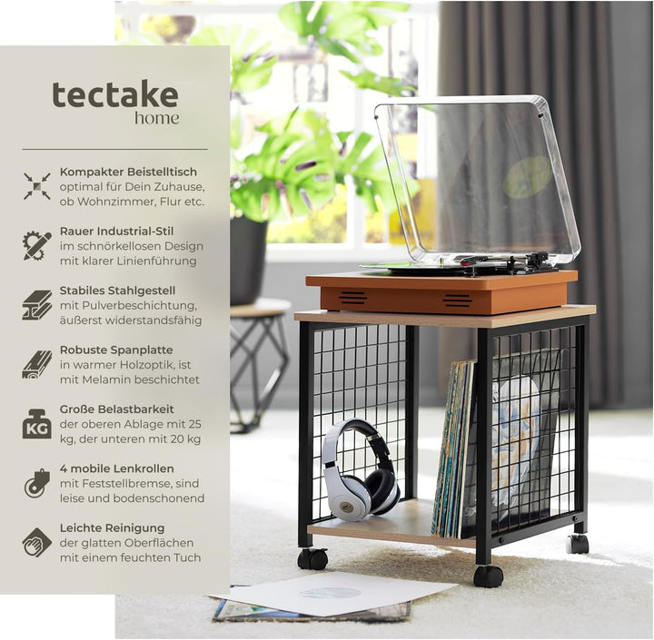 tectake Beistelltisch mit 2 Ablagen und Rollen, Nachttisch im Industrie-Design, 40 x 40 x 48 cm, für
