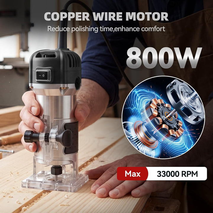 Elektrische Palm Router Tool 800W, Variable 6 Geschwindigkeiten Trim Router Max 33000R/MIN, Holz Rou