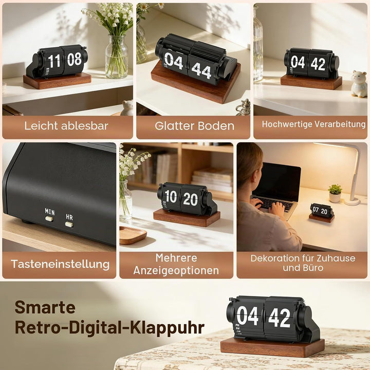 Retro-Flip-Uhr, Vintage Digitale Klappuhr, Retro Uhr mit Holzsockel, automatisches Drehen, batterieb