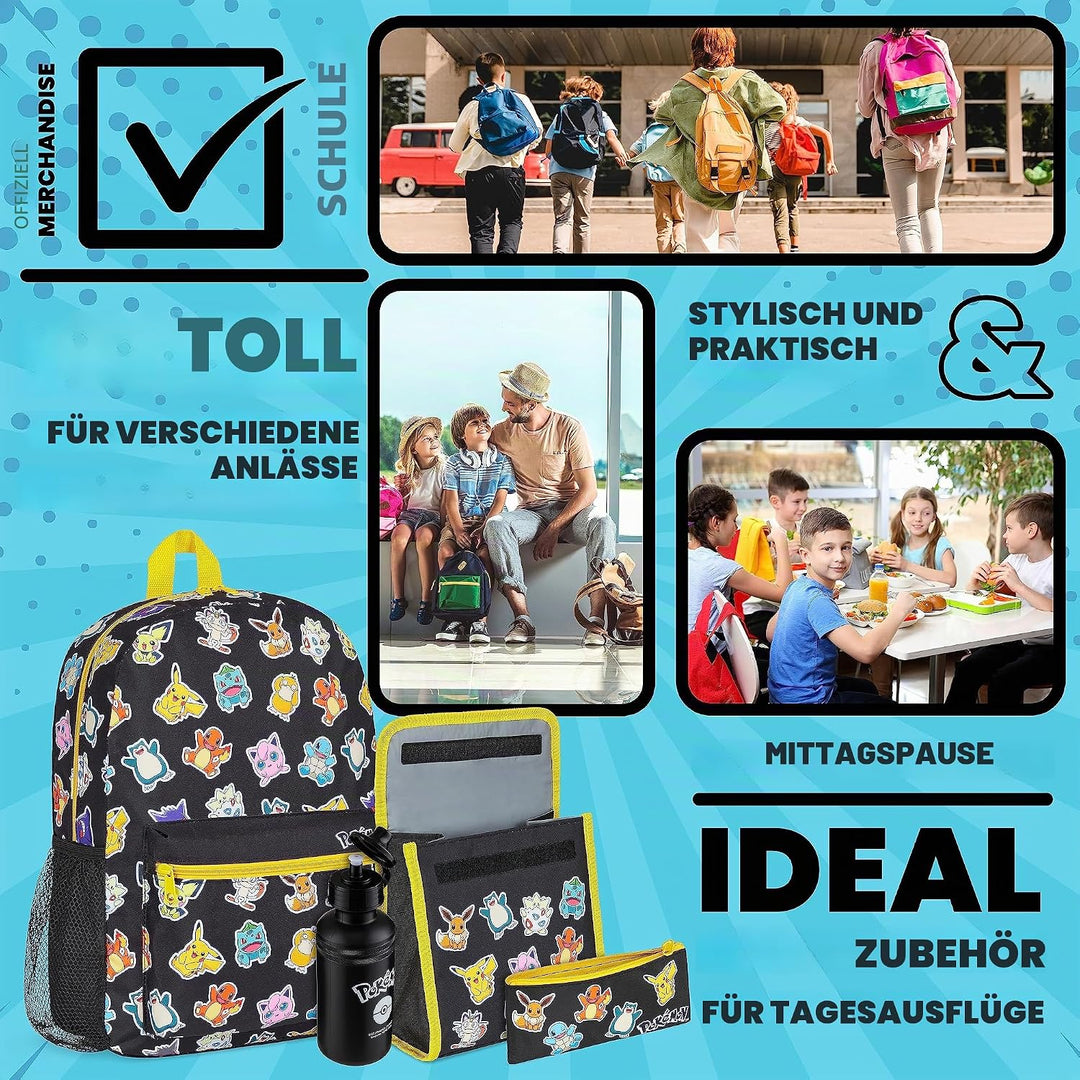 Pokemon Rucksack Kinder 4er Set Schulranzen Lunchbox Federmäppchen Wasserflasche 500ml Kinderrucksac