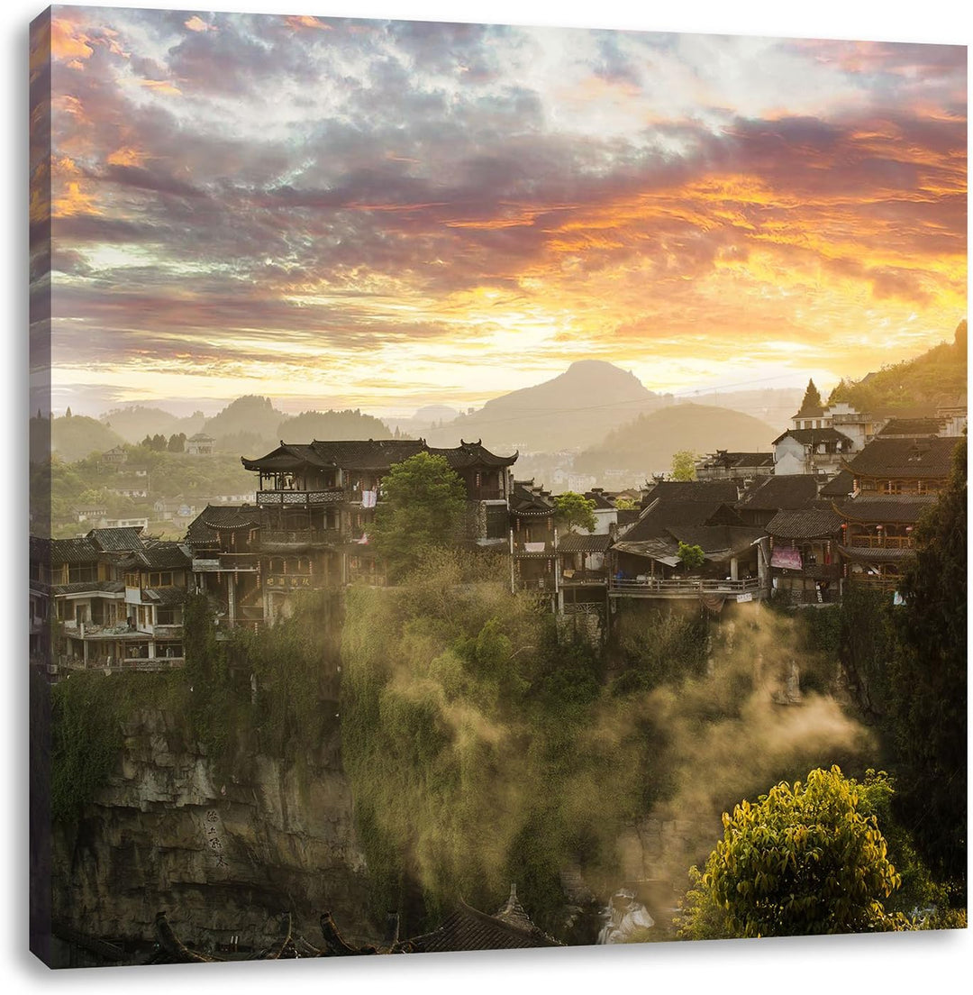 Gigantisches Dorf in China, Format: 70x70 auf Leinwand, XXL riesige Bilder fertig gerahmt mit Keilra