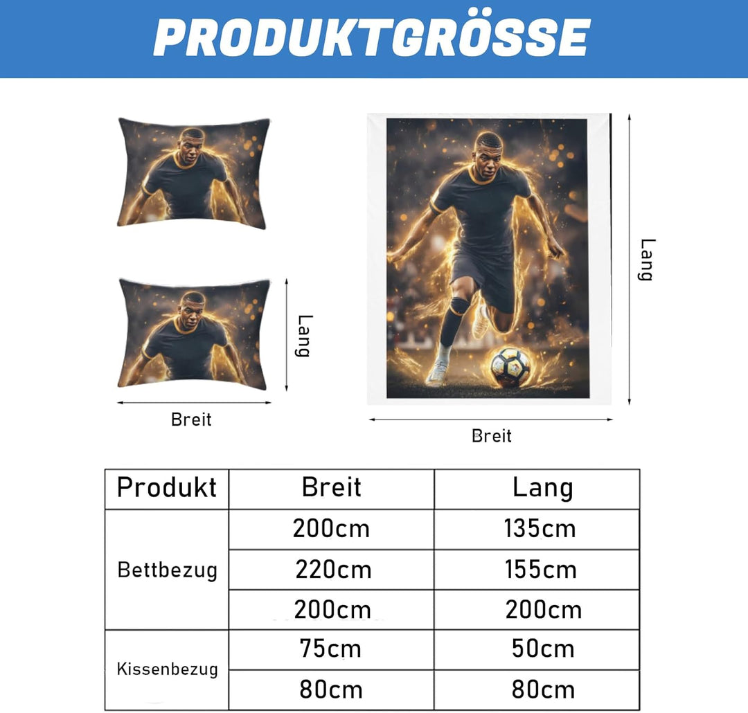 Fussball Star Bettwäsche 135x200 2-Teilig Mit Reissverschluss Microfaser Bettbezug Mit 80x80cm Kisse