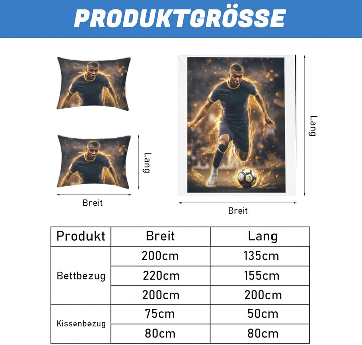 Fussball Star Bettwäsche 135x200 2-Teilig Mit Reissverschluss Microfaser Bettbezug Mit 80x80cm Kisse