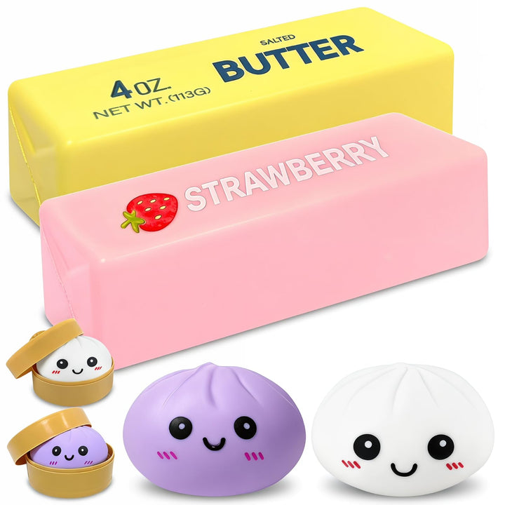 4 Stück Set Dumpling Squishy + Butter Squishy, PU Material Sensorisches Spielzeug mit Aufbewahrungsb