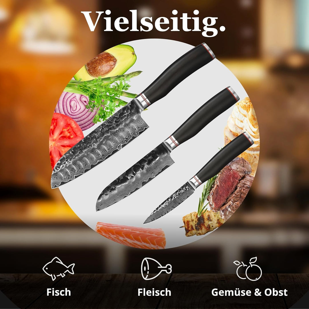 Wakoli Ebo 3er Damastmesser Set mit 9-18cm Klingen mit Hammerschlag gefertigt aus 67 Lagen echtem Da