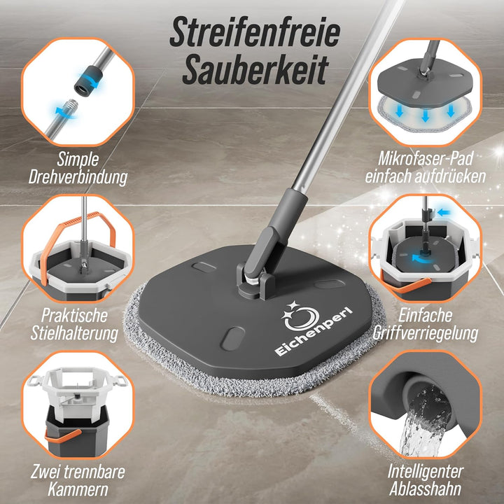 Wischmopp Set mit Eimer, 2-Kammer Wischsystem mit Auswringfunktion, Frisch- & Schmutzwasser Trennung