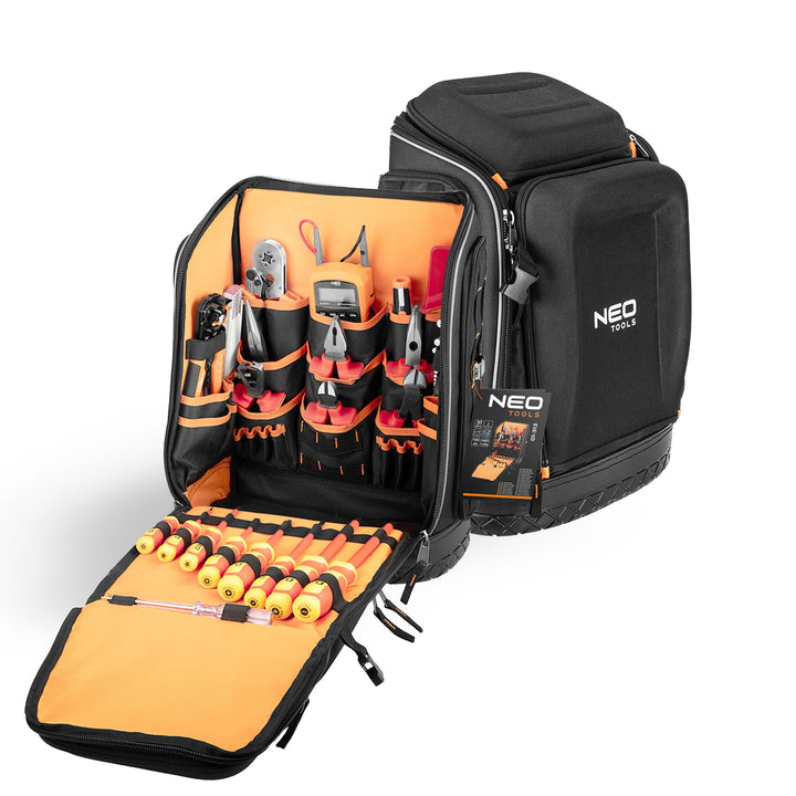 NEO TOOLS Elektriker Werkzeugrucksack 31-tlg. - mit Werkzeugen für einen Elektriker | 26 Taschen, Mo