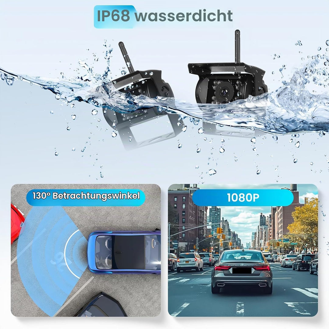 Drahtloses Rückfahrkamera Set mit 7-Zoll Monitor, 2 rückfahrkamera IP68 wasserdichte IR-Nachtsicht W