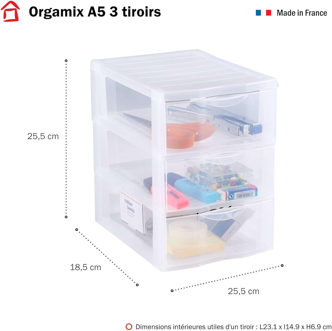 SUNDIS Orgamix, schubladenbox aus Kunststoff, 3 transparente Schubladen im Format A5, Höhe 25,5 cm,