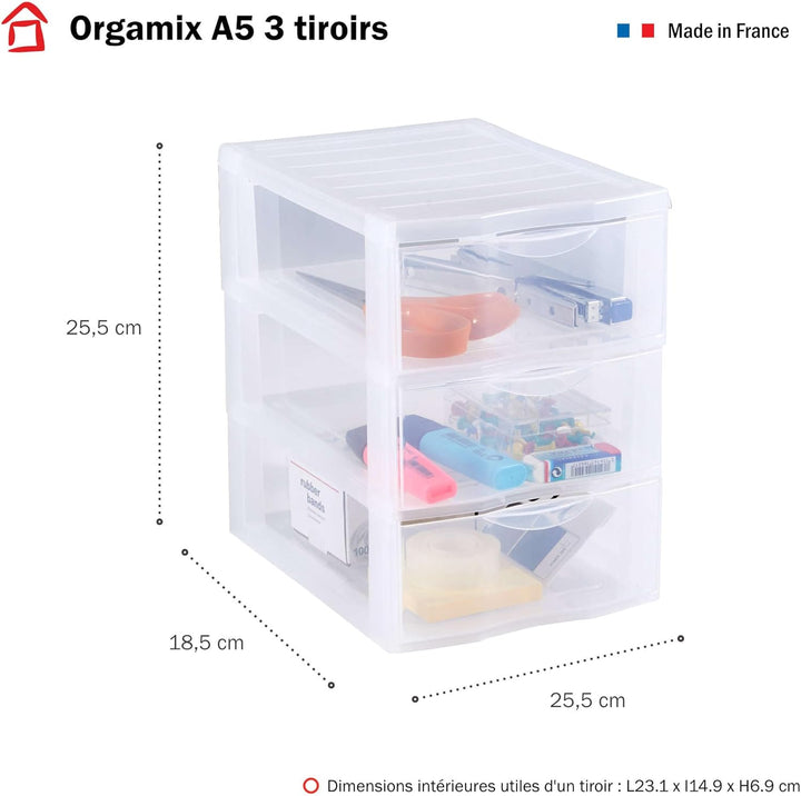 SUNDIS Orgamix, schubladenbox aus Kunststoff, 3 transparente Schubladen im Format A5, Höhe 25,5 cm,