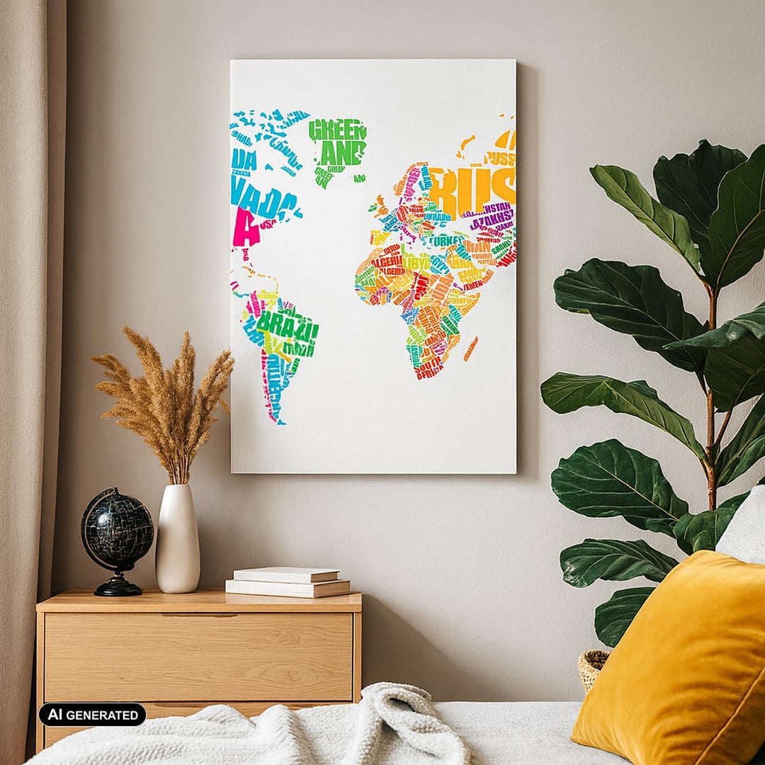 Bilder auf Leinwand Karte Worte Welt Geographie Leinwandbild mit Rahmen 45x80cm Wandbilder Dekoratio