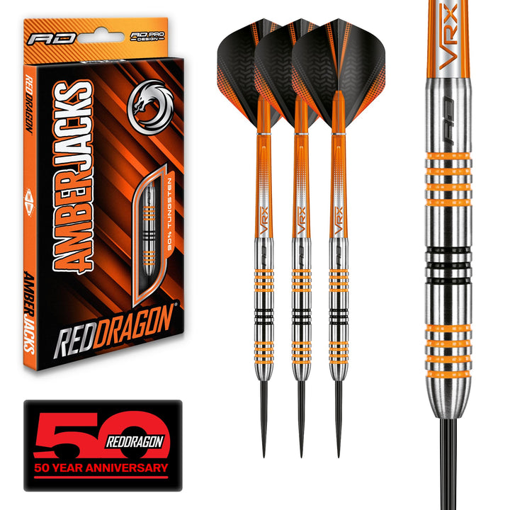 RED DRAGON Amberjack Series Steel Profi Dartpfeile Steeldarts Set mit Flights und Schäfte 22.0 Gramm