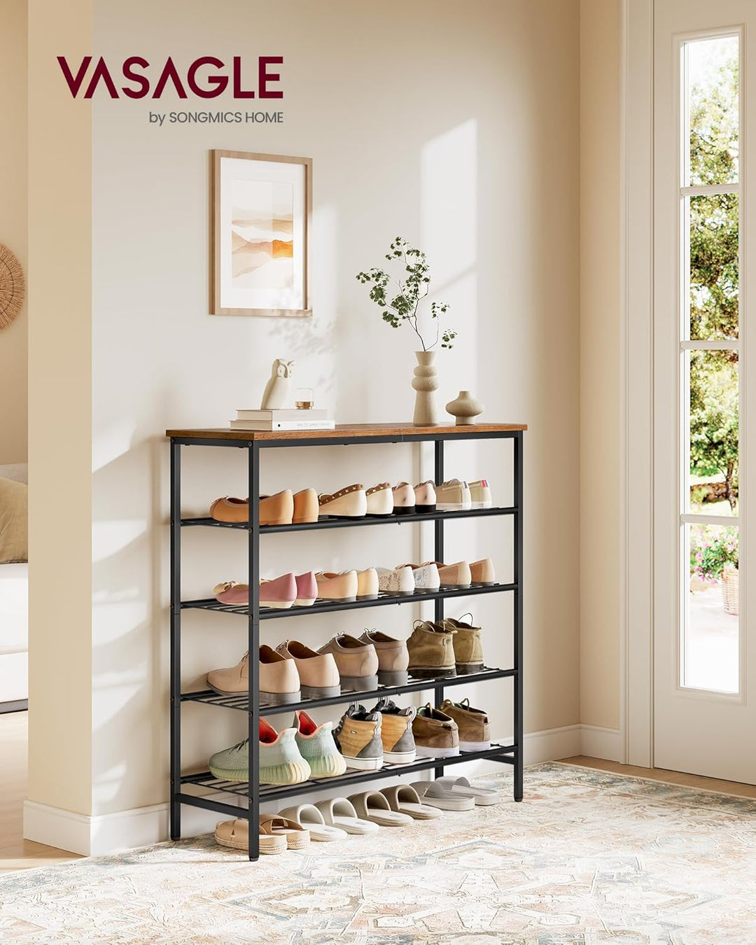 VASAGLE Schuhbank, Schuhregal, Schuhaufbewahrung, Flur, Wohnzimmer, Schlafzimmer, Metallgestell, 5 E