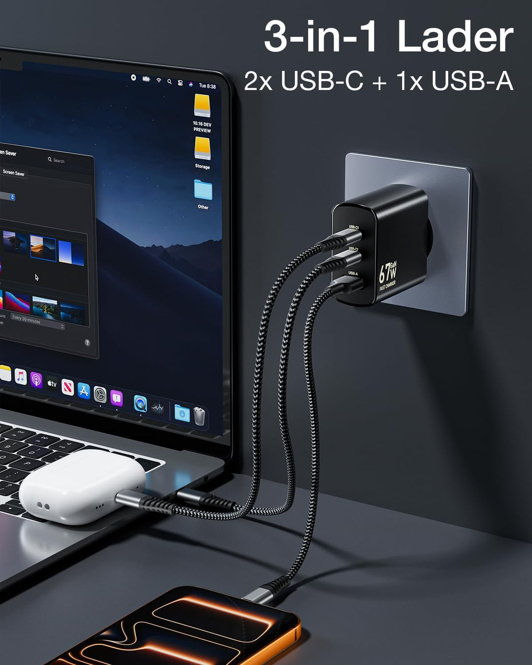 67W USB C Ladegerät 3-Port USB C Netzteil PD Charger 65W PPS Schnellladegerät für MacBook Pro/Air, i