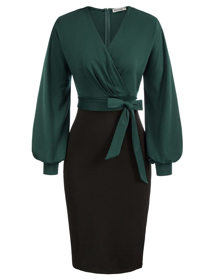 GRACE KARIN Damen Arbeit Bodycon Bleistiftkleid Langarm Hochzeit Gast Büro Kleider V-Ausschnitt Part