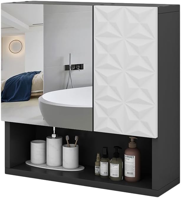 Vicco Bad Spiegelschrank Edge, Schwarz/Weiss, 54 x 55 cm mit Tür und offenen Fächern Schwarz Spiegel