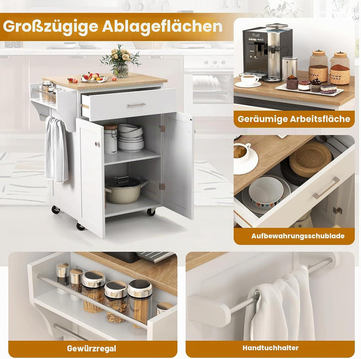 KOMFOTTEU Servierwagen mit Rollen, Gewürzregal &amp; Handtuchhalter, Küchenwagen mit Schublade &amp; verstel