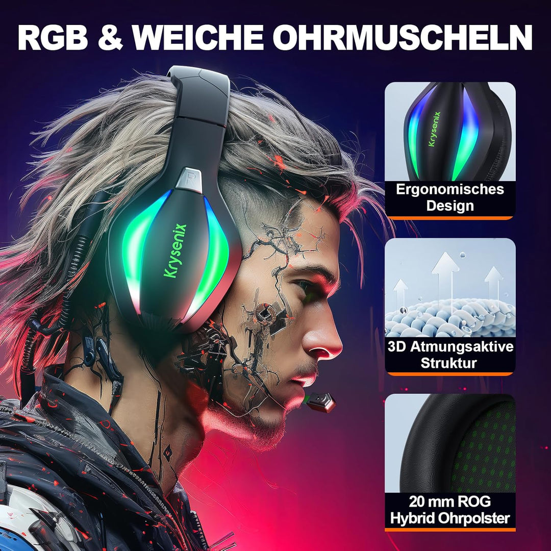 Krysenix PG1 RGB Gaming Headset für PS4, PS5, PC, Xbox,Switch, Kabel Gaming Kopfhörer mit LED Licht,