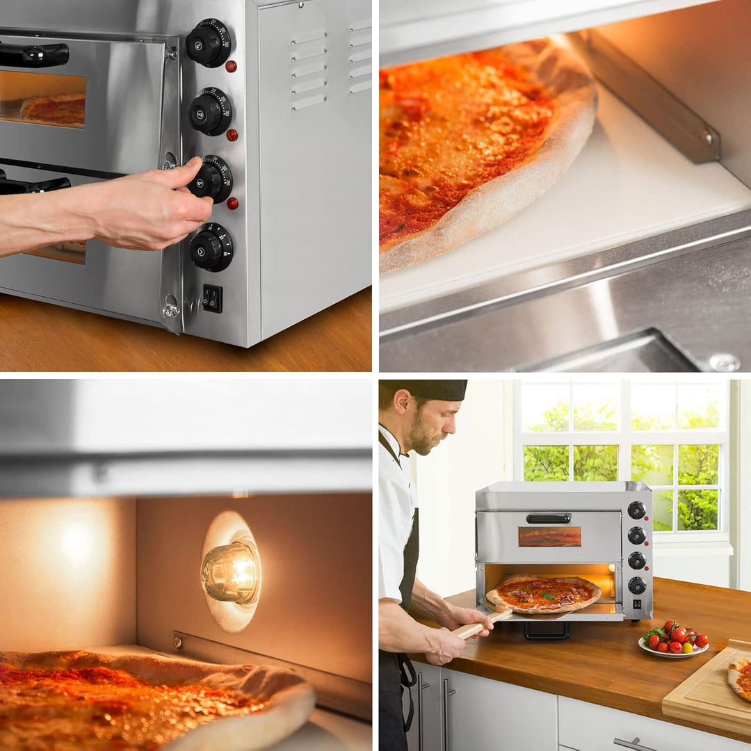 VERTES Gastro Pizzaofen mit Doppelkammer, feuerfestem Stein, 3000W, Timerfunktion und Beleuchtung, p