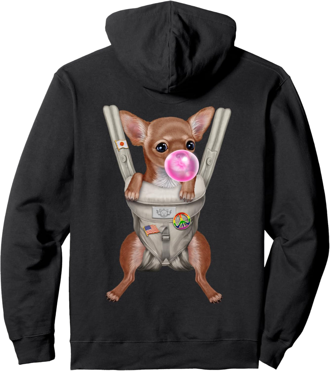 Brauner Chihuahua-Hund mit Kaugummi in der Babytrage Pullover Hoodie