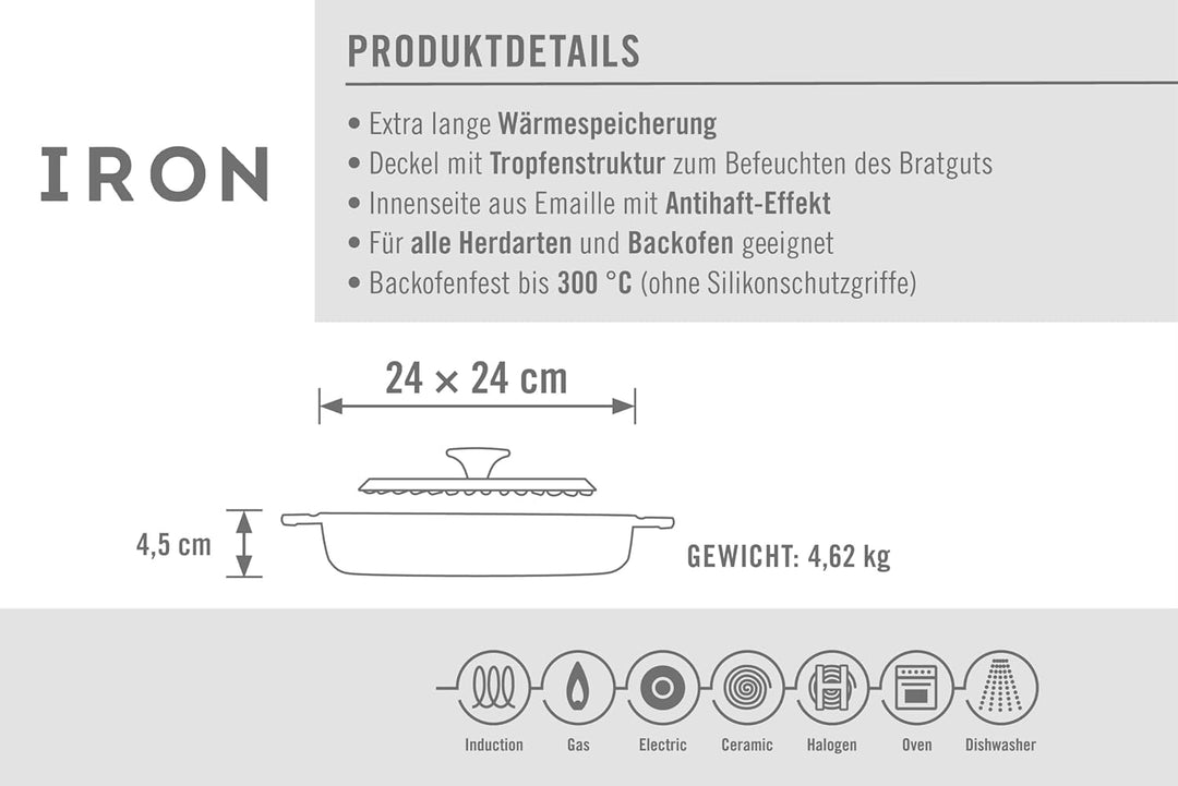 Woll Iron Grillpfanne viereckig mit Rillen, inkl. Steakpresse und Silikongriffen - Induktiv -, 24 x