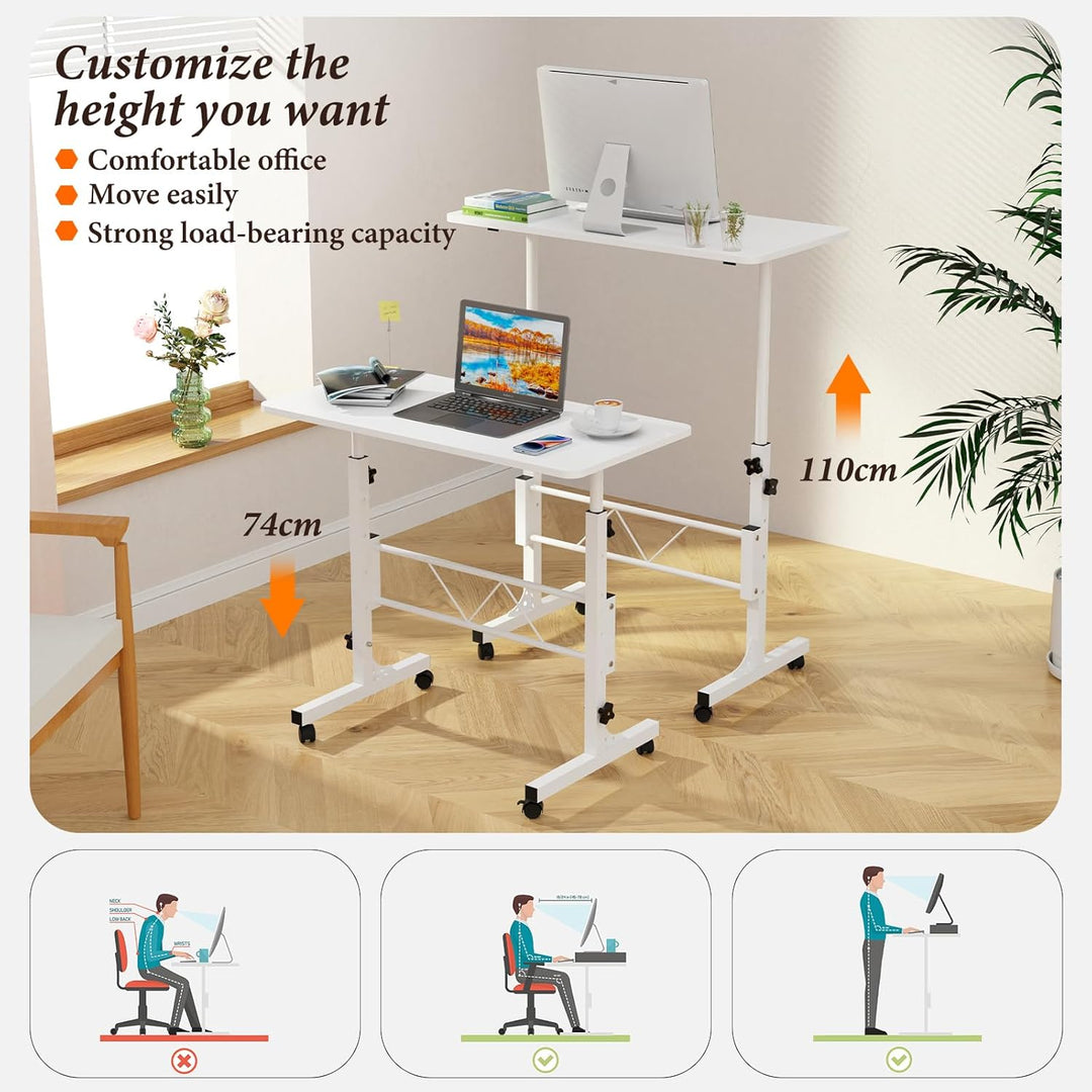 PIPIPOXER 80x40cm Laptoptisch mit Rollen, Laptoptisch Höhenverstellbarer 69-110 cm, Computertisch Mo