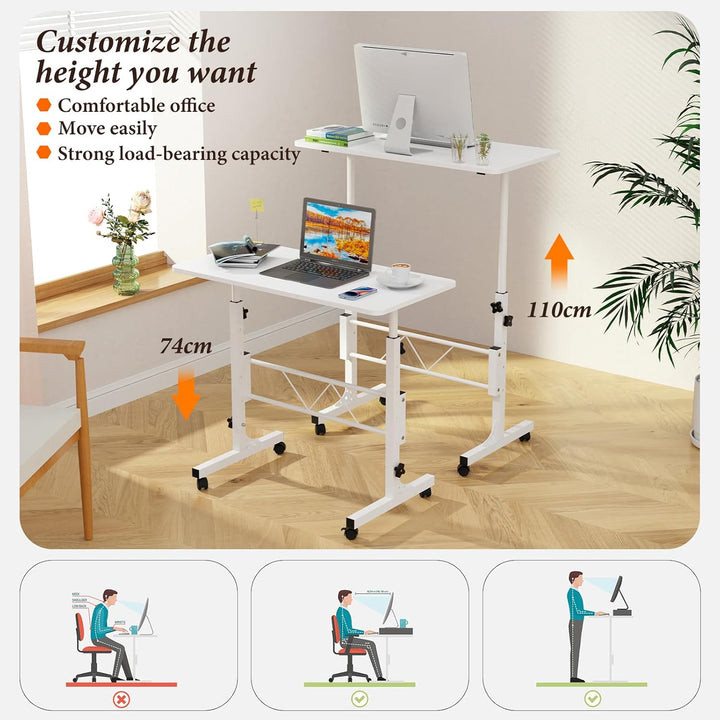 PIPIPOXER 80x40cm Laptoptisch mit Rollen, Laptoptisch Höhenverstellbarer 69-110 cm, Computertisch Mo