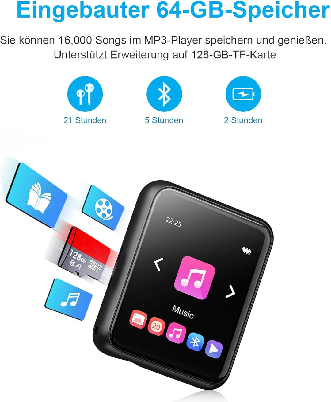 Voller Touchscreen Bluetooth 5.0 MP3 Player, 16GB HiFi Verlustfreier Ton MP3 Musik Player mit Lautsp