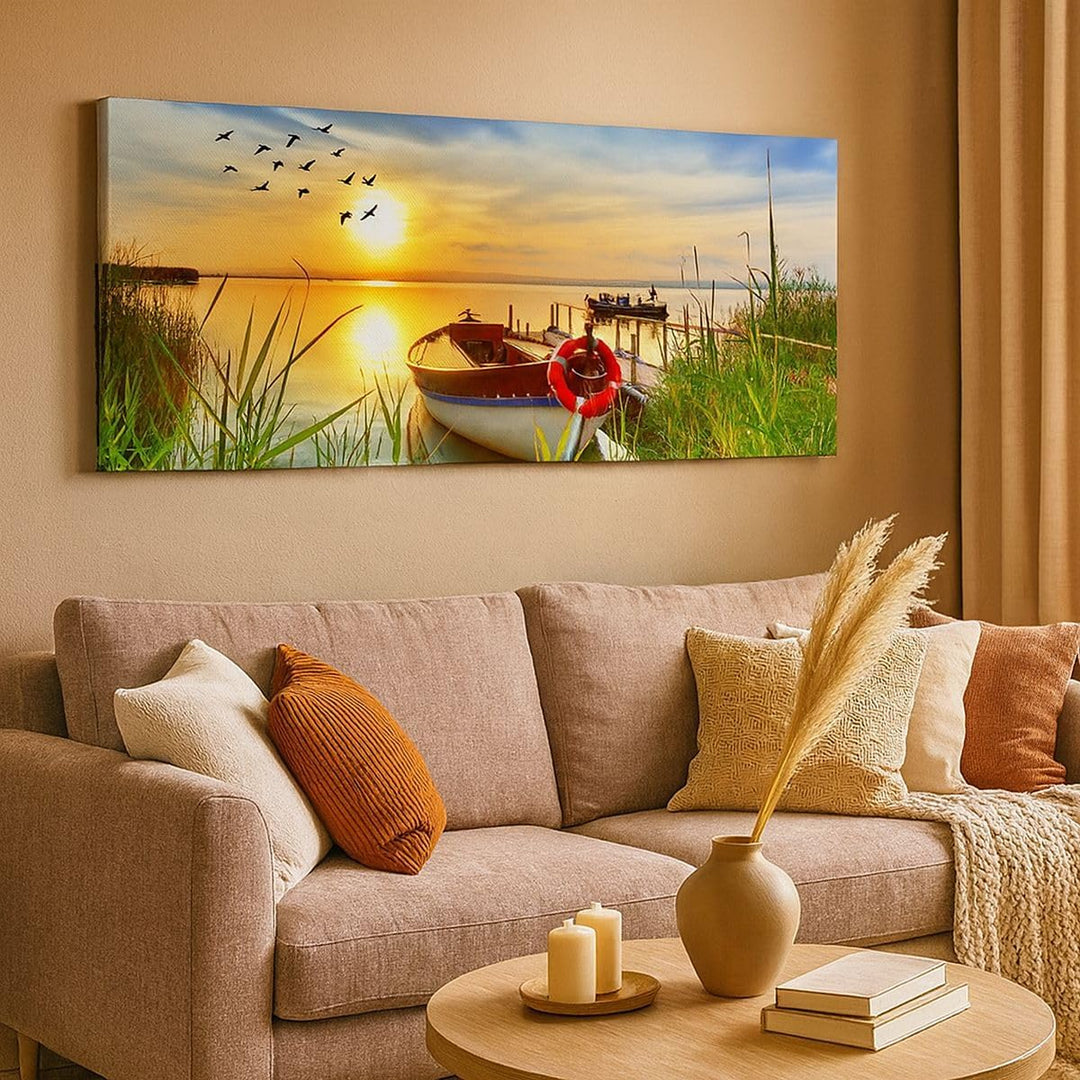 Wandbilder Dekoration Wohnzimmer Boot See Sonnenuntergang Sommer Menschen Bilder auf Leinwand 120x50