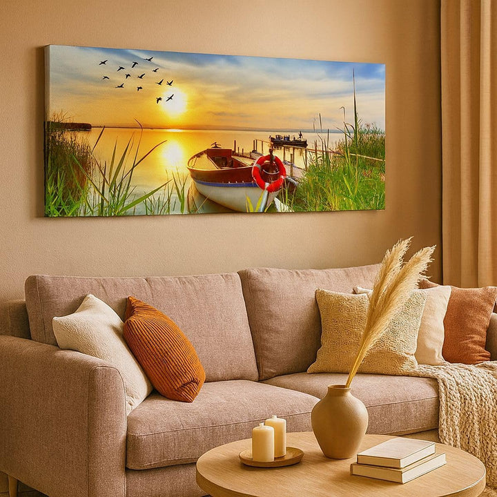 Wandbilder Dekoration Wohnzimmer Boot See Sonnenuntergang Sommer Menschen Bilder auf Leinwand 120x50