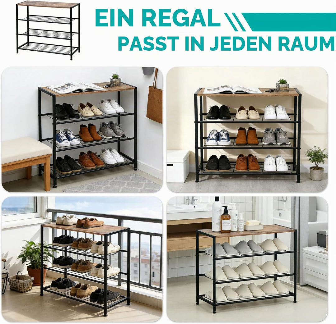 Schuhregal, Schuhregal 4 Ebenen mit Sitzgelegenheit, Metall-Schuhablage für Kleiderschrank, Flur, Ei