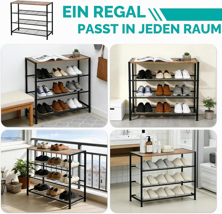 Schuhregal, Schuhregal 4 Ebenen mit Sitzgelegenheit, Metall-Schuhablage für Kleiderschrank, Flur, Ei