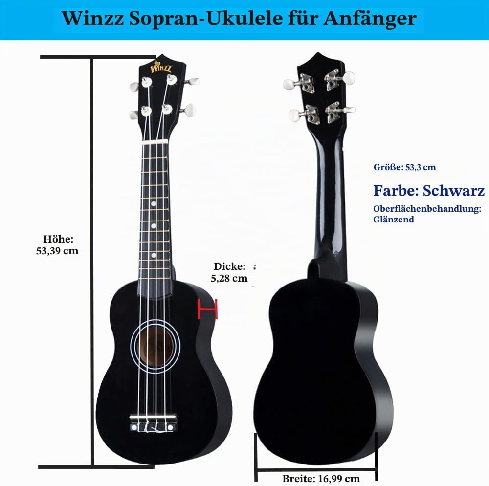 Winzz Sopran Ukulele Starter Kit für Anfänger mit Tasche, Clip-On Tuner, Zusätzlichen Saiten, Gurt,