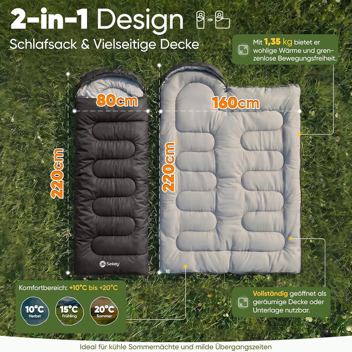Sekey Schlafsack 220 x 80 cm - 1,35 kg 3-Jahreszeiten-Deckenschlafsack, 2-in-1 als Decke nutzbar, 10