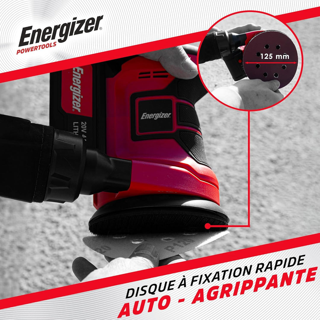 Energizer – Akku-Rundschleifer 20V, 10.000 U/min, 6-stufige Drehzahlregelung – 125 mm Klettteller, S