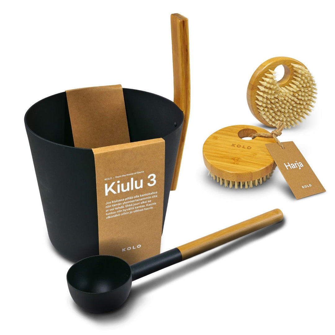 KOLO Sauna Kübel 3 & Kelle - Sauna Aufguss Set - Saunakübel 5l - Aufgusskelle 300ml - Aluminium Schw