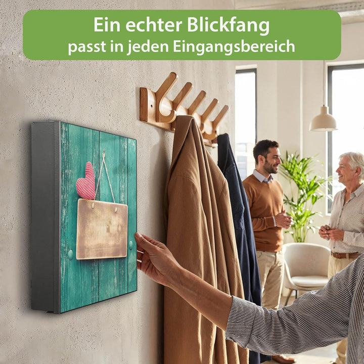 banjado® Grosser Schlüsselkasten Glas/Schlüsselbox 30cm x 30cm mit 50 Haken - Motiv Tür mit Herz/Sch