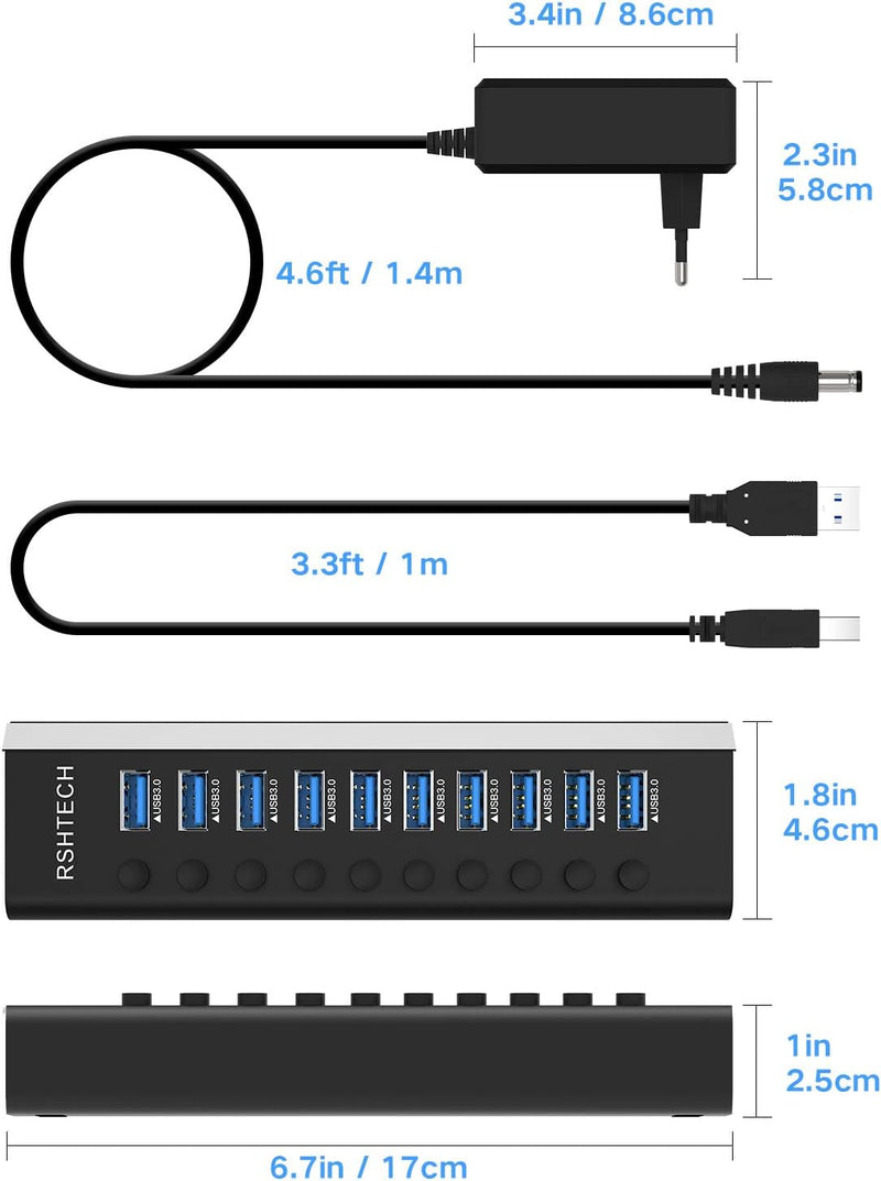 RSHTECH USB Hub Aktiv 3.0 mit 36W (12V / 3A) Netzteil, Aluminium 10 Ports Hub zum Laden und zur Date