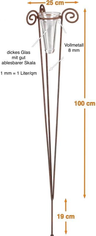 Regenmesser mit Glas Höhe 100 cm 3-Bein Edelrost, Erdspiess 19 cm