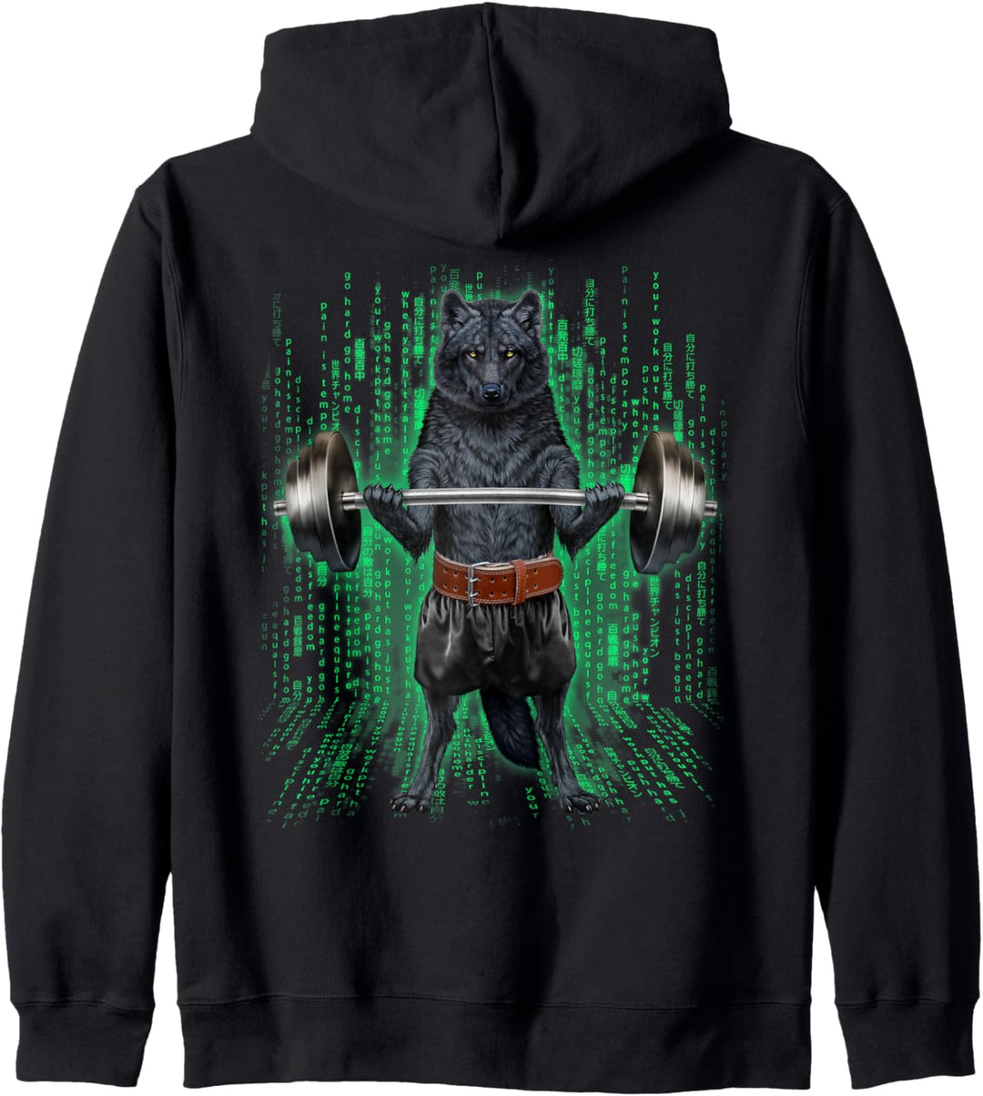 Wolf, der Gewichte im Cyber-Fitnessstudio hebt Kapuzenjacke
