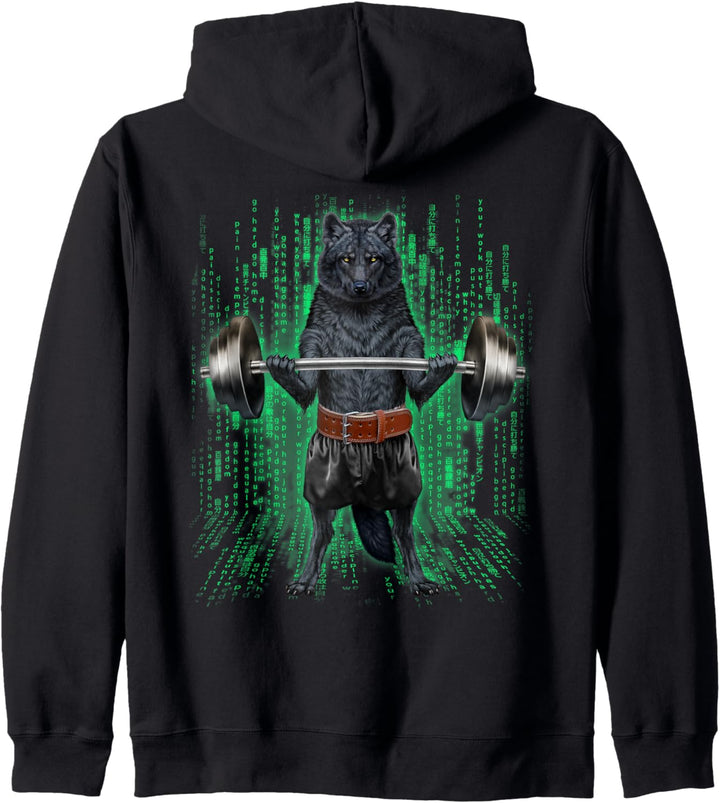 Wolf, der Gewichte im Cyber-Fitnessstudio hebt Kapuzenjacke