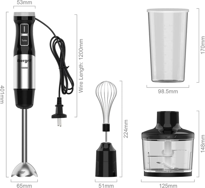 Ibergrif Stabmixer 1000W 4-in-1 Edelstahl Handmixer mit stufenloser Geschwindigkeitsregelung und Tur